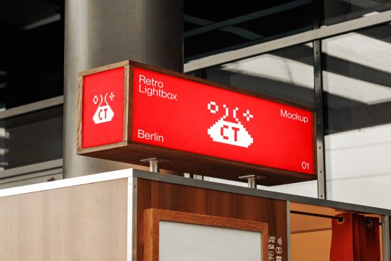 Retro pixelated design mockup of a red lightbox sign with text and icons, showcased in a realistic urban setting.